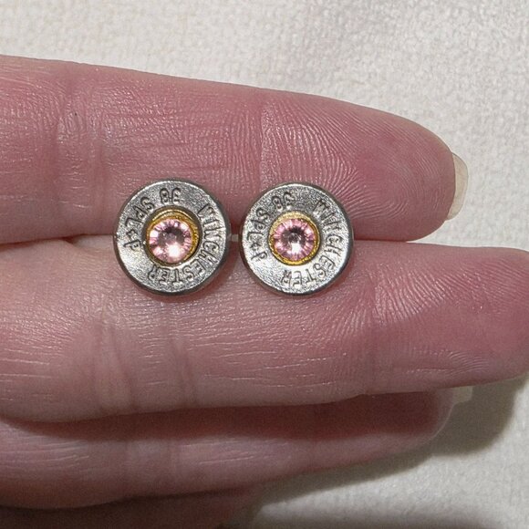 Winchester 38 Special Bullet Stud Earrings Pink Crystal October Birthstone Tourm - Picture 3 of 5